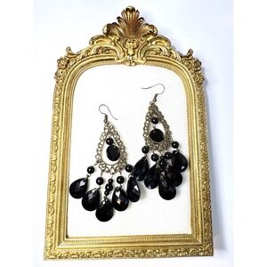 Vintage Black Chandelier Earrings Antique Gold Filigree Boho Gothic Statement
